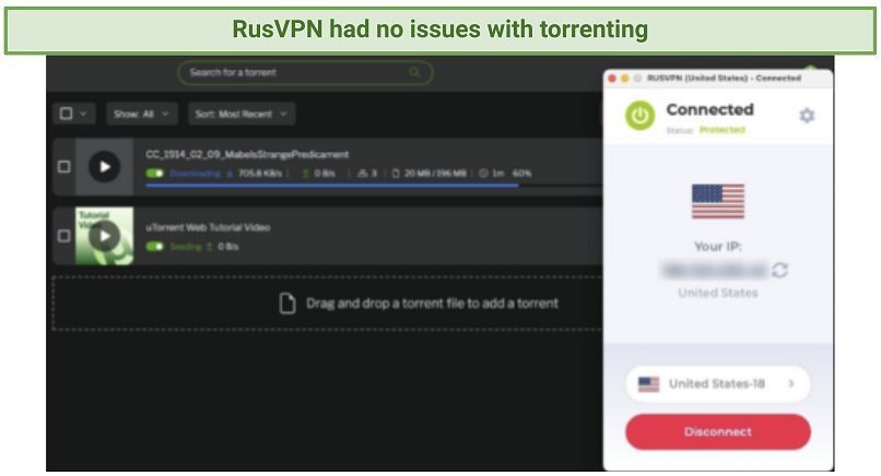 Torrenting on uTorrent with while connected to RusVPN in the US