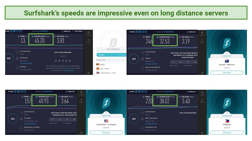 Screenshot comparing Surfshark's speeds on long distance servers