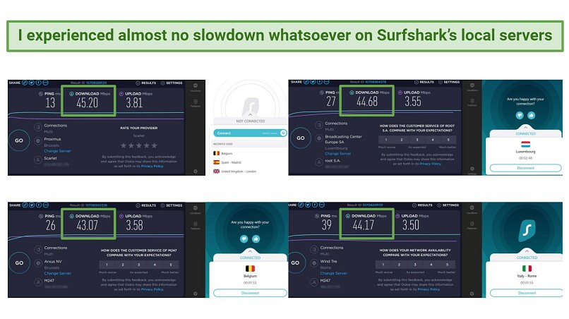 Screenshot comparing speeds on local servers using Surfshark