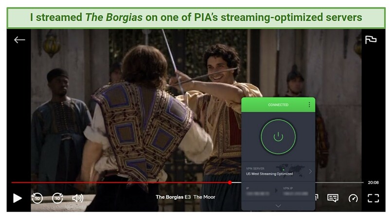 Screenshot of The Borgias streaming on Netflix while connected to one of PIA's streaming-optimized servers