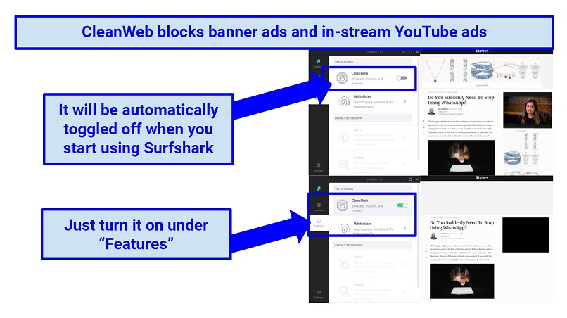 Screenshot showing Surfshark's CleanWeb feature successfully blocking ads
