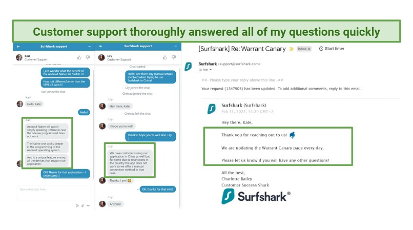 Screenshot showing Surfshark's customer support platforms