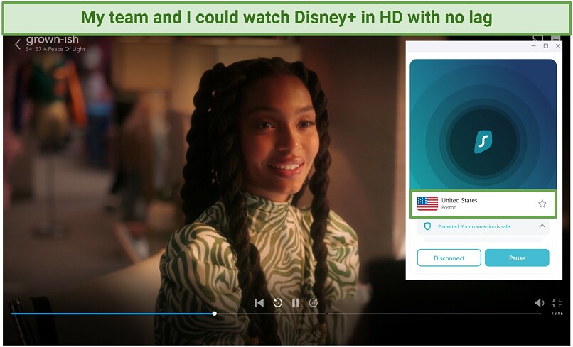 Screenshot of Disney Plus player streaming Grown-ish while connected to Surfhshark's Boston Server