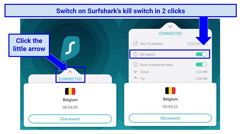 Screenshot showing how to access Surfshark's kill switch from the home screen.