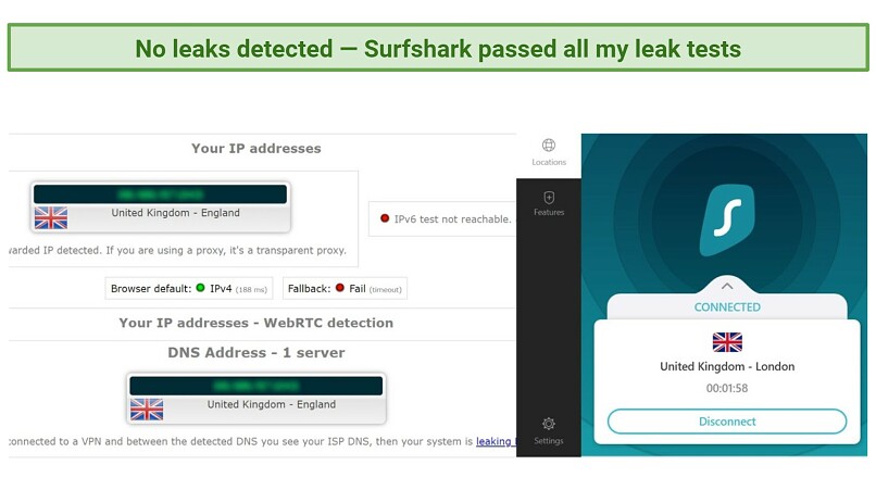 Screenshot showing Surfshark doesn't leak IP, DNS, or IPv6 data.