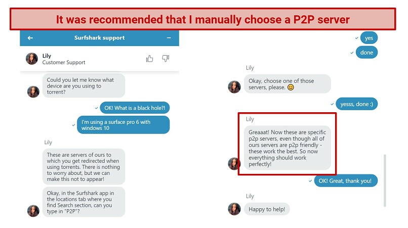 Screenshot showing Surfshark customer support explaining p2p-friendly servers