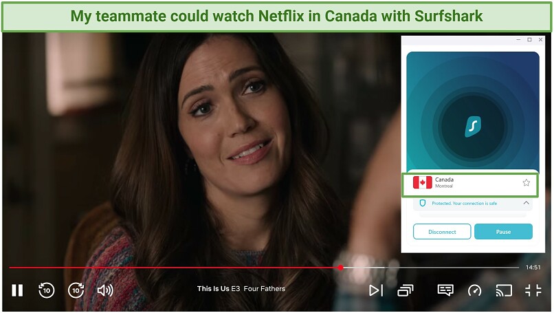 Screenshot of Netflix Player streaming This Is Us while connected to Surfshark's Montreal server
