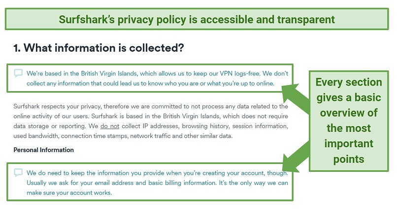Screenshot showing how easy it is to understand Surfshark's privacy policy