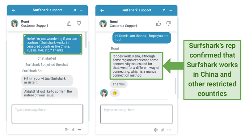 Screenshot of conversation with Surfshark's customer service rep confirming it works in China