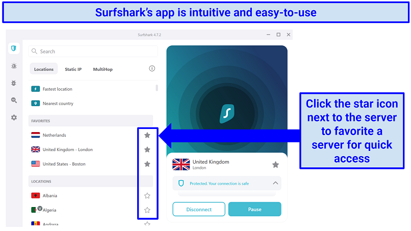 Captura de tela mostrando como salvar servidores como favoritos no Surfshark