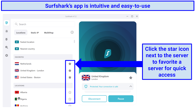 Screenshot showing how to save servers as favorites on Surfshark