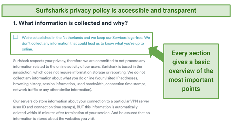 Screenshot showing Surfshark's privacy policy ensuring it stores no identifiable data