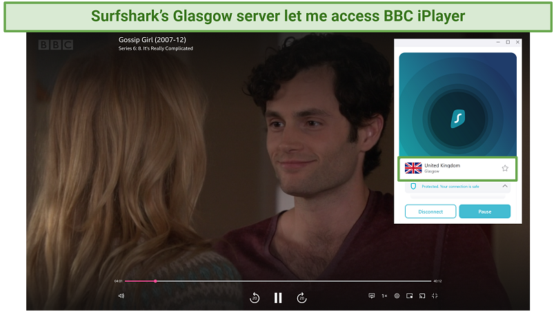 Captura de tela do SurfShark desbloqueando BBC iPlayer em servidores do Reino Unido