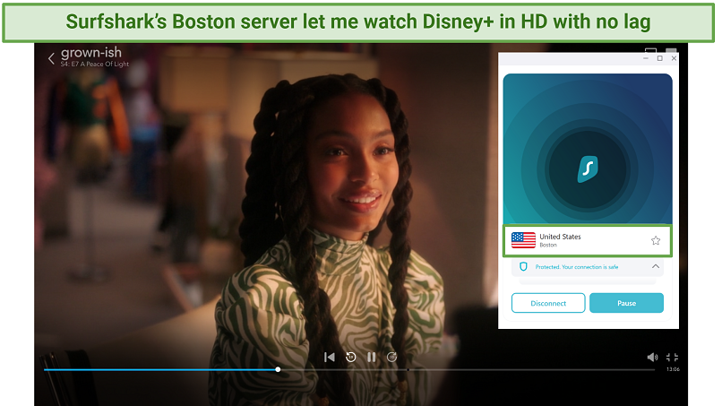 Captura de tela do SurfShark desbloqueando a Disney+ nos servidores dos EUA