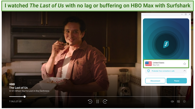 Captura de tela do SurfShark desbloqueando HBO Max nos servidores americanos