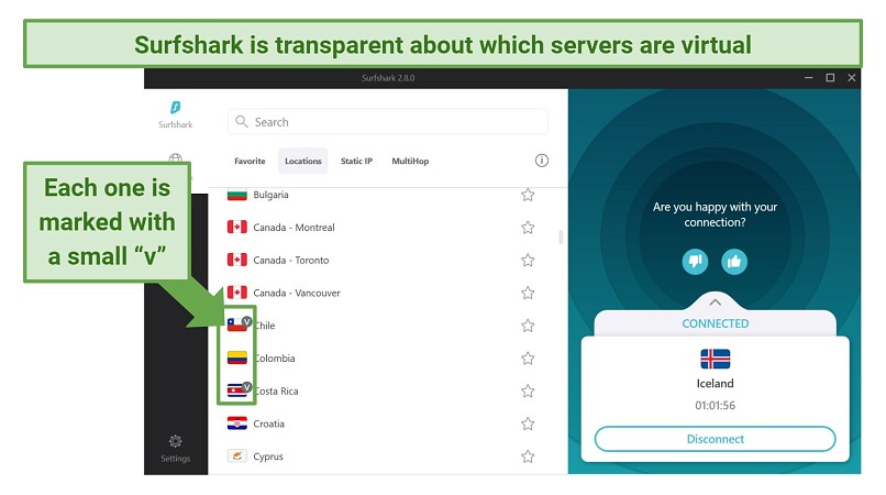 Screenshot showing how to identify virtual servers with Surfshark