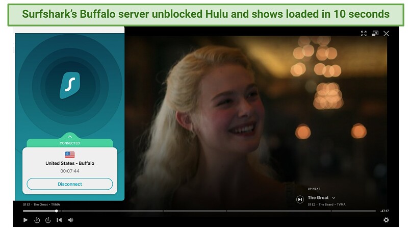 Screenshot showing Surfshark unblocking Hulu