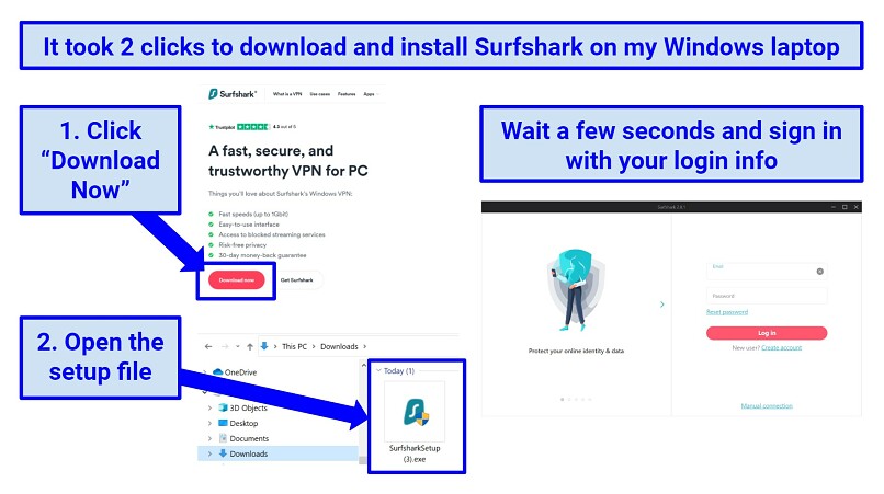 Steps showing how to install Surfshark on Windows.