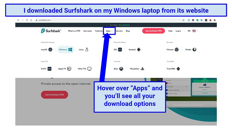 Screenshot showing where to download Surfshark for Windows