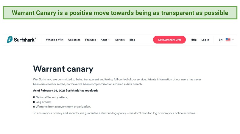 Screenshot showing Surfshark's Warrant Canary report