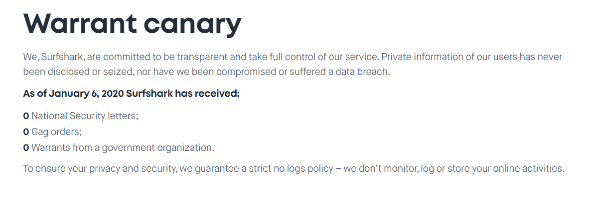 Screenshot of Surfshark's warrant cannary