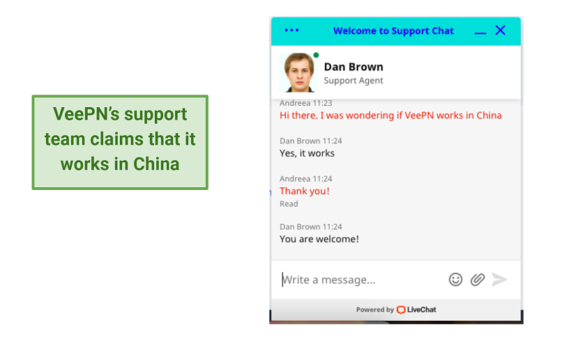 screenshot of VeePN's support chat