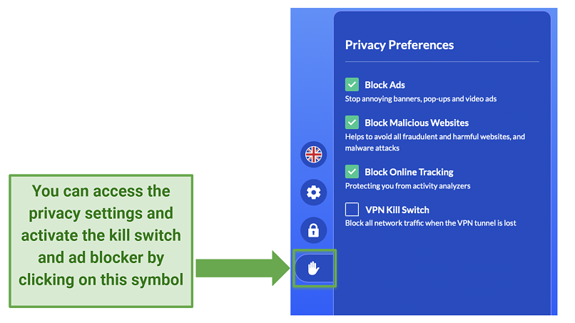 screenshot of VeePN's UI showing the privacy settings