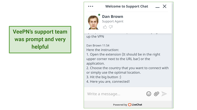 screenshot of VeePN's customer support chat