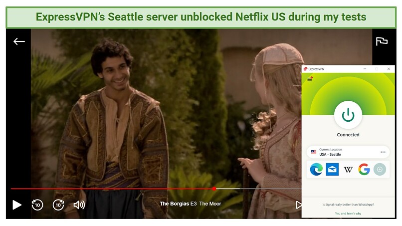 Screenshot of The Borgias streaming on Netflix US with ExpressVPN connected