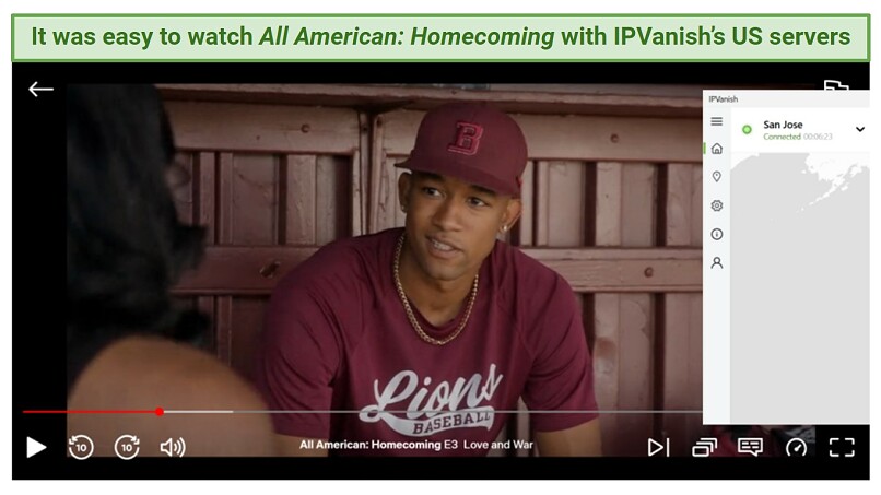 Screenshot of All American: Homecoming streaming on Netflix while connected to IPVanish's San Jose server
