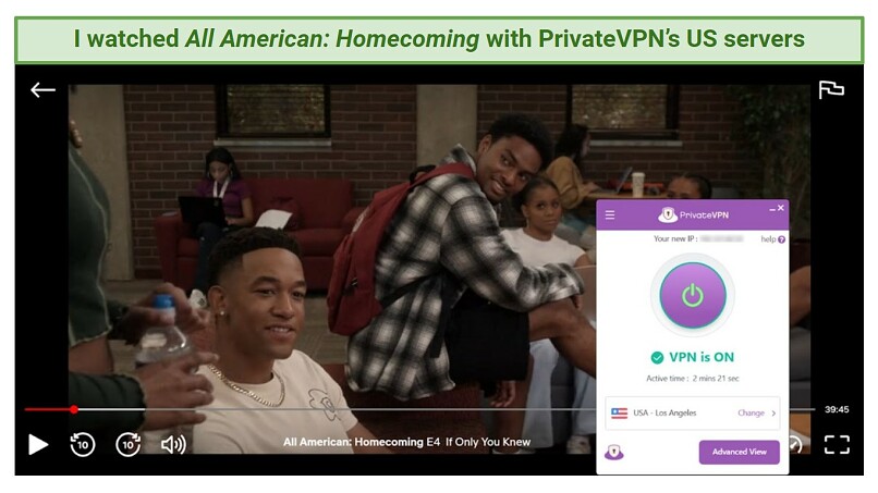 Screenshot of All American: Homecoming streaming on Netflix while connected to PrivateVPN's Los Angeles (US) server