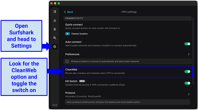 Screenshot of Surfshark app and how to switch on the Cleanweb feature to block ads and malware.