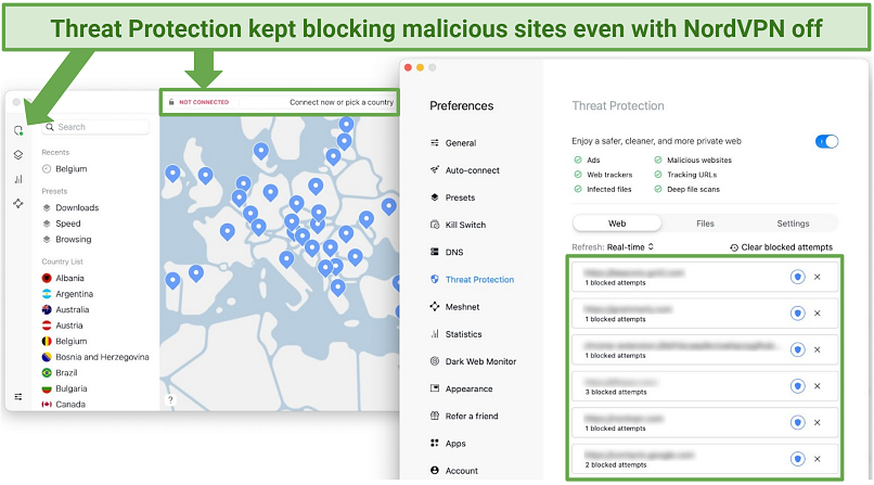 Screenshot of NordVPN's interface and how to switch on Threat Protection.