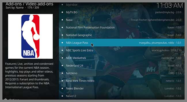 kodi nba league pass add-on button