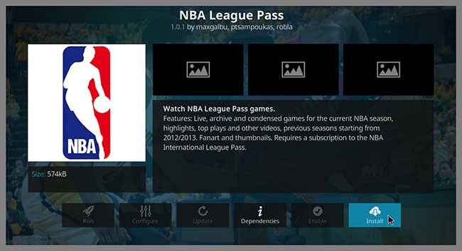 kodi nba league pass install button