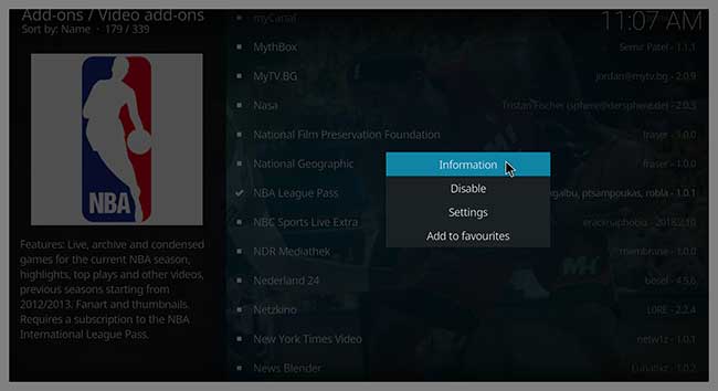 kodi nba league pass information button