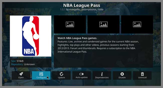 kodi nba league pass configure button