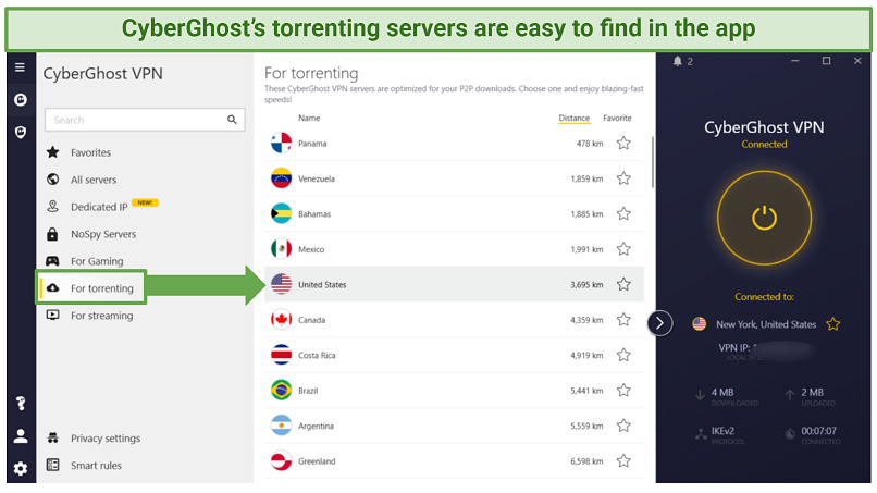 CyberGhost's Windows app displaying list of torrenting-optimized servers