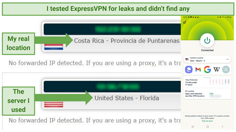 Leak test results showing that ExpressVPN effectively masked my IP address