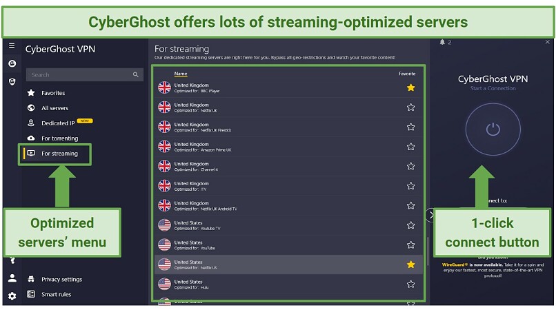 Graphic showing streaming optimized servers and one-click connect button on Cyberghost app interface.