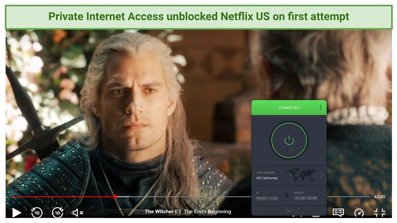 Screenshot of The Witcher streaming on Netflix US with Private Internet Access VPN connected.