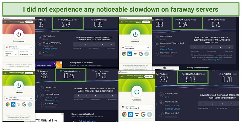 Graphic showing speed comparisons between base speed and VPN speeds for UK and US servers of ExpressVPN.