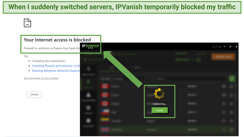 Browser window showing the internet connection being blocked by IPVanish's kill switch, while the VPN reconnects