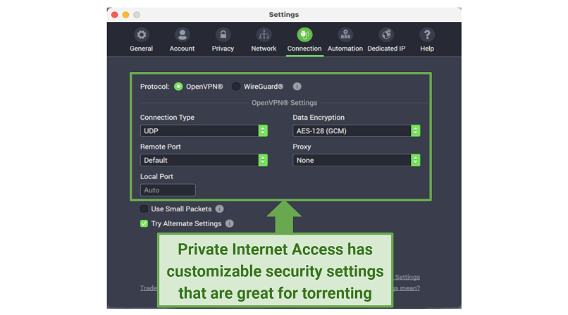 Graphic showing PIA security settings