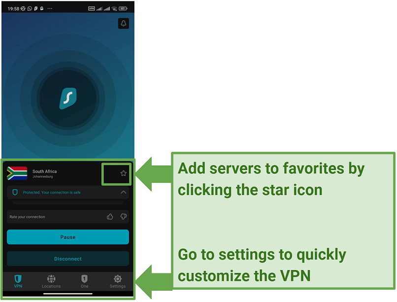 Screenshot of Surfshark's Android app showing the home page with the VPN connected to a South African server