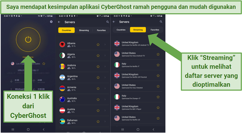 Screenshot of Cyberghost's Android app, indicating where to find its list of optimized servers and where to click