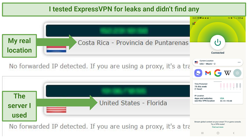 Leak test results demonstrating how the IP address changes while connected to a ExpressVPN