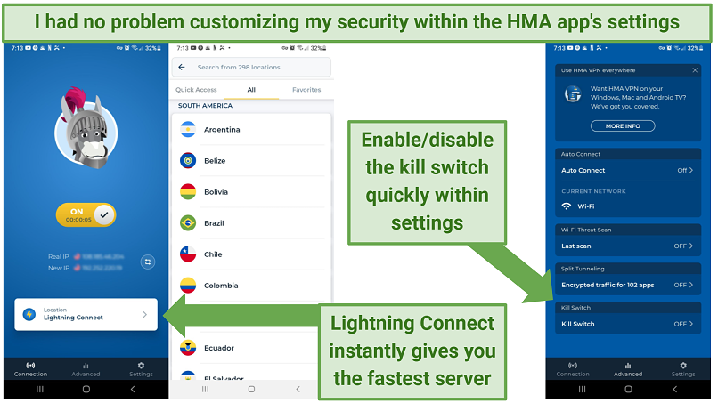 The HMA Android app with indication of where to enable the kill switch and Lightning Connect