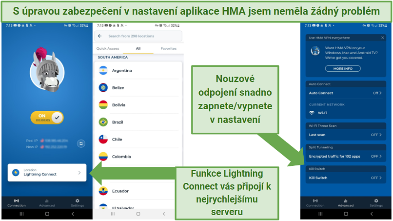 The HMA Android app with indication of where to enable the kill switch and Lightning Connect