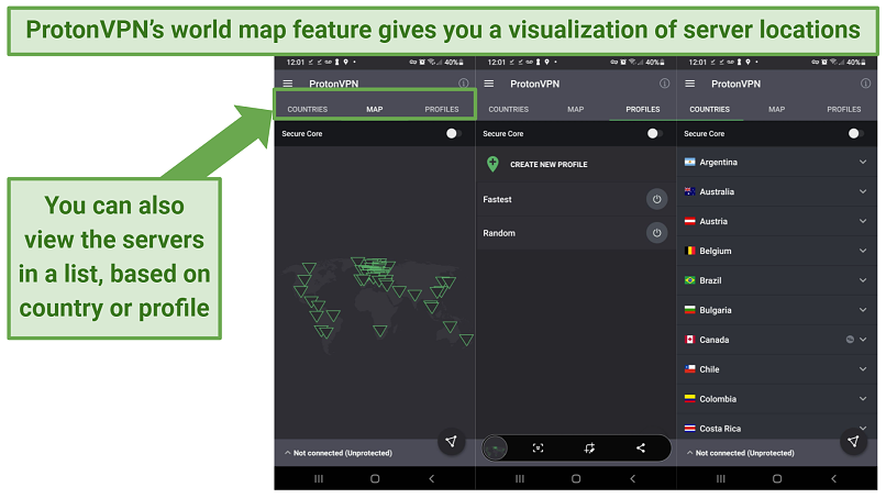 Screenshot of Proton VPN's Android app, showing its world map feature for viewing server locations